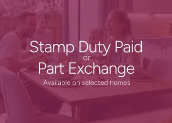 A House Icon With A Pound Symbol Is Centered Above The Text "Stamp Duty Or Part Exchange" On A Deep