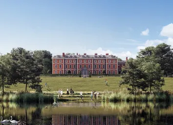 Red-Brick Mansion In Background On Open Estate, Water Feature In The Foreground