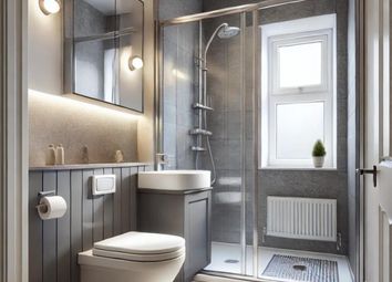 A Modern And Stylish Bathroom Featuring A Spacious...