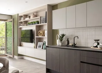 Kitchen With Dining Table In Foreground, Decorated In Dark Tones, Living Space And Balcony Doors In