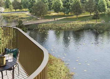 CGI Of Exterior Water Body (Lake Or Pond) Amongst Landscaped Green Area From Balcony View Above.