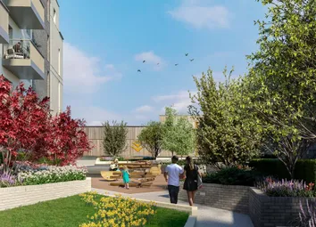 CGI Of Pedestrian Landscaped Area In Front Of Building Front Entrance.