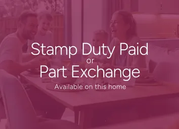 A House Icon With A Pound Sign Is Centered Above The Text "Stamp Duty Or Part Exchange" On A Deep Pi