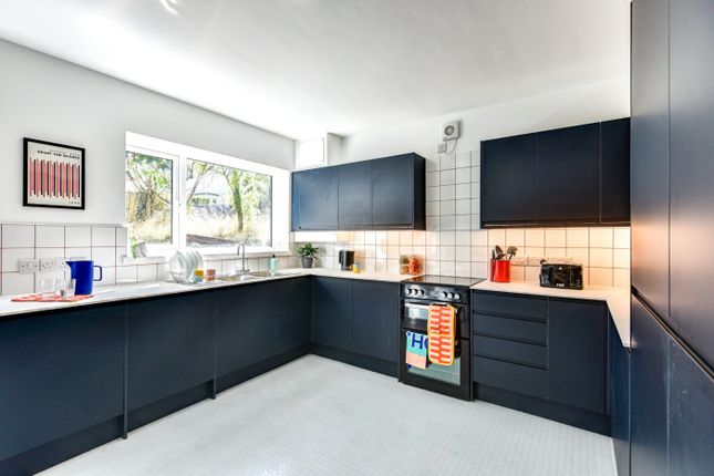 Modern Kitchen With Dark Blue Cabinets, Large Wind...