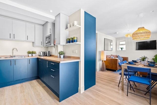 Bright And Modern Kitchen With Stylish Blue Cabine...