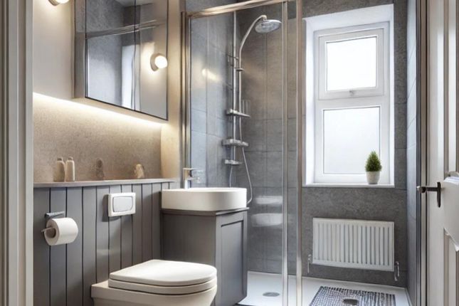 A Modern And Stylish Bathroom Featuring A Spacious...