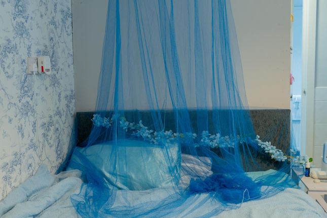 A Cozy Bedroom Featuring A Double Bed With Blue Be...