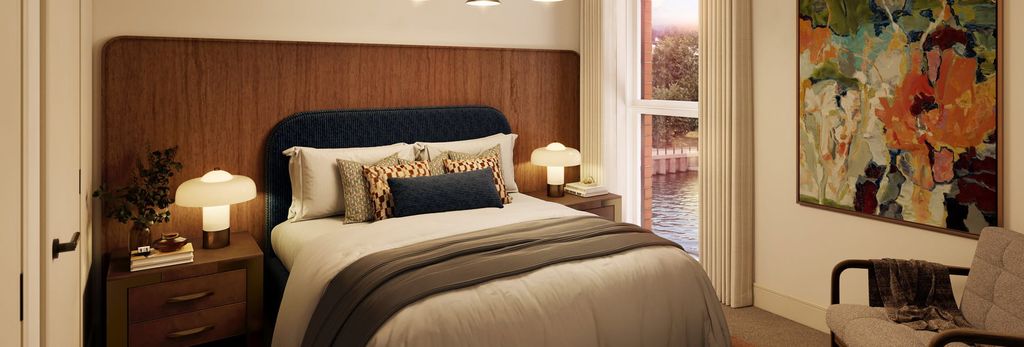 Property photo 3 of 4 CGI Of Double Bed, Bedside Tables And Wall Hanging, Armchair And Window Overlooking Body Of Water