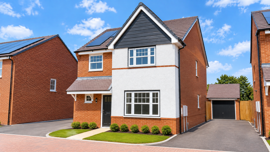 Property photo 1 of 10 A Modern Two-Story House With White And Brick Facade And Solar Panels On The Roof Stands On A Paved
