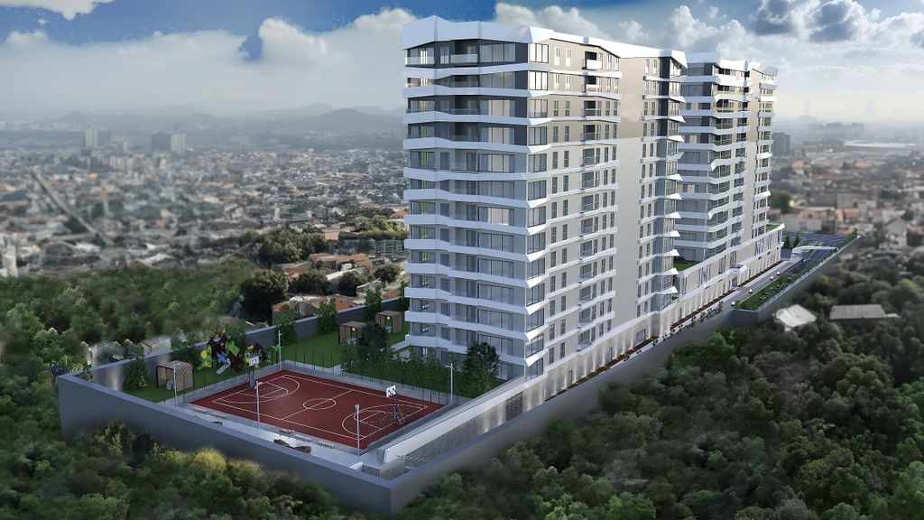 Property photo 1 of 16 Stylish Istanbul Apartments For Sale In Bagcilar- Main View Of Apartment Complex And Basketball Court
