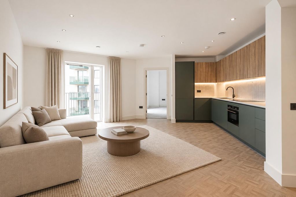 Property photo 1 of 9 Warm Minimalist Living Room With Green Kitchen.Png