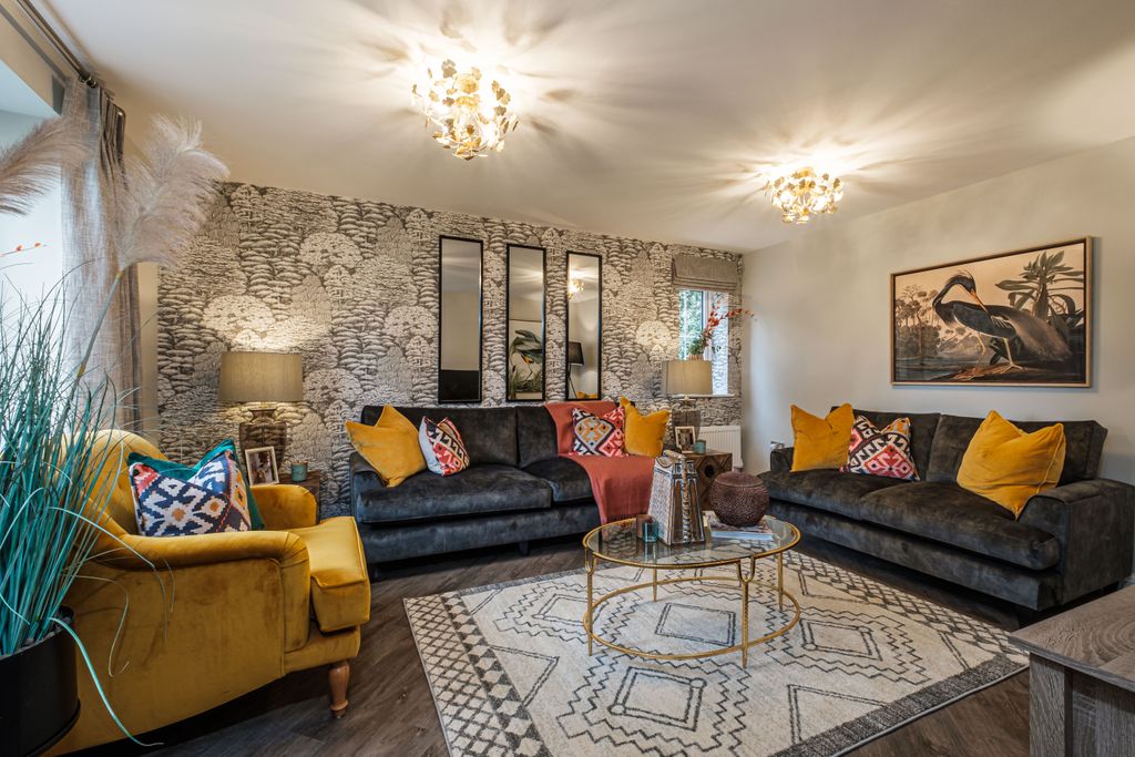 Property photo 2 of 9 Vibrant Lounge With Grey And Yellow Sofas And Patterned Wallpaper