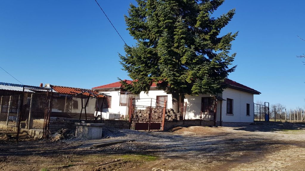 Property photo 1 of 93 Exterior View Of A White Rural House With A Red Roof And A Large Evergreen Tree In Front, Set Against A Clear Blue Sky.