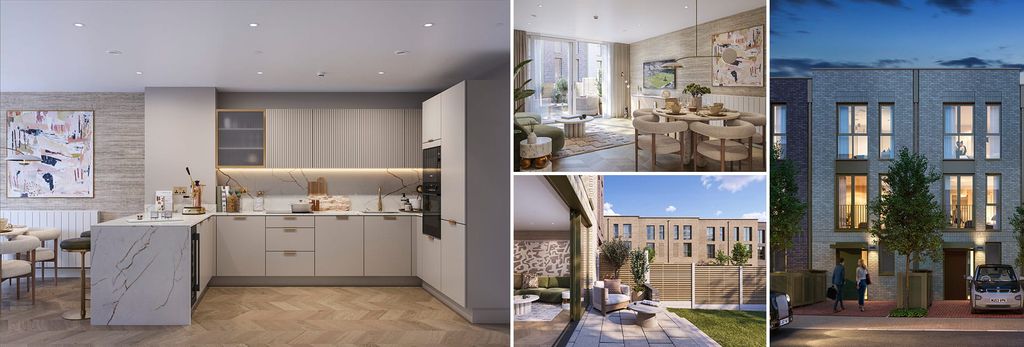 Property photo 1 of 1 A Montage Showing A Modern Kitchen Area With Breakfast Island Decorated In White; Dining Area And