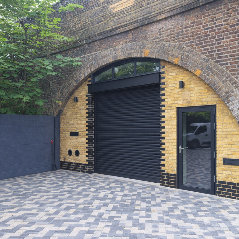 Property photo 1 of 4 The Front Of An Arch, With High Level Glazing, A Closed Electric Roller Shutter Entrance Big Enough For Vehicle Access, And A Pedestrian Door.