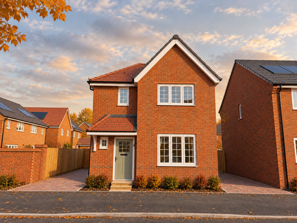 Property photo 1 of 8 A Modern Red-Brick House With A Grey Door Stands In The Foreground Against A Backdrop Of Similar Hom