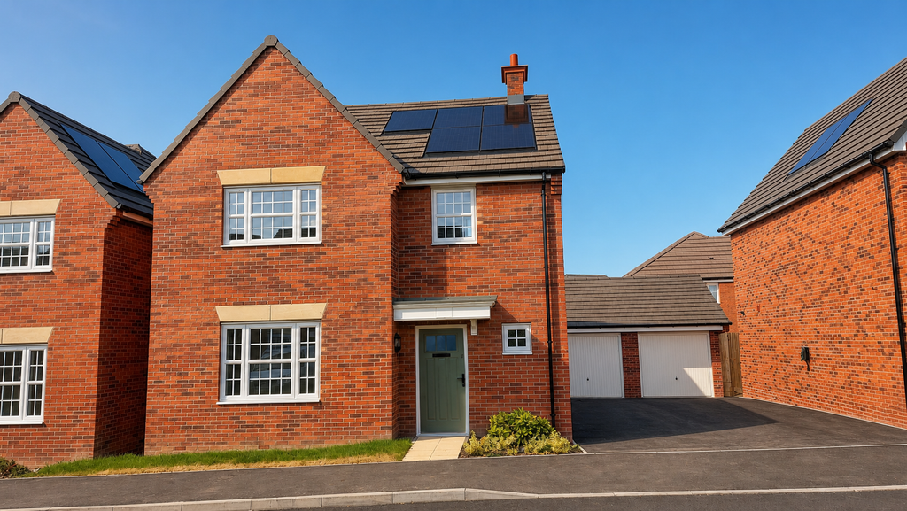 Property photo 1 of 10 A Row Of Modern Brick Houses With Solar Panels On Their Roofs Are Set Against A Clear Blue Sky.