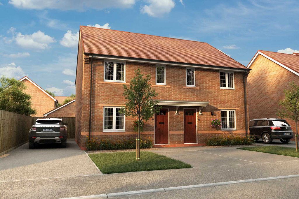 Property photo 1 of 7 A Modern Brick Semi-Detached House With Two Cars Parked In The Driveway Sits Under A Cloudy Sky.