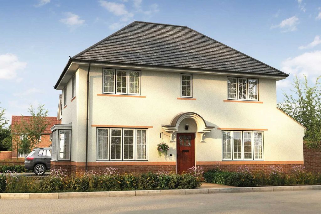 Property photo 1 of 10 A Cream-Colored House With A Red-Brick Base And A Dark Roof Stands On A Street With A Car Parked In