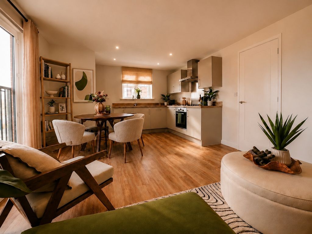 Property photo 1 of 7 A Modern Living And Dining Area With A Kitchen In The Background Features A Plush Green Ottoman And