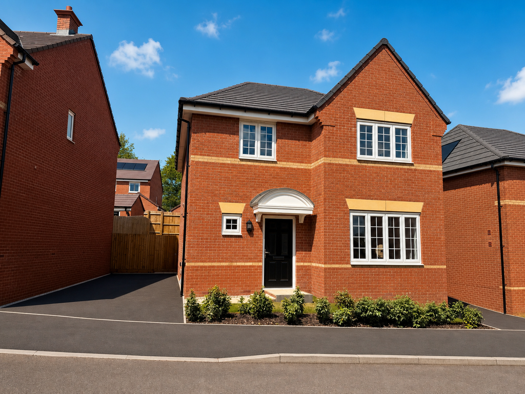 Property photo 1 of 10 A Modern Red Brick House With A Black Door And White-Framed Windows Sits On A Paved Driveway
