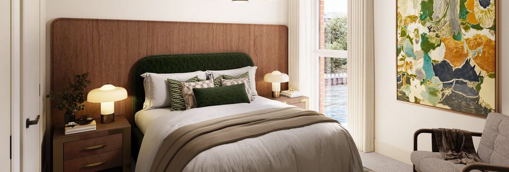 Property photo 3 of 4 CGI Of Double Bed, Bedside Tables And Wall Hanging, Armchair And Window Overlooking Body Of Water