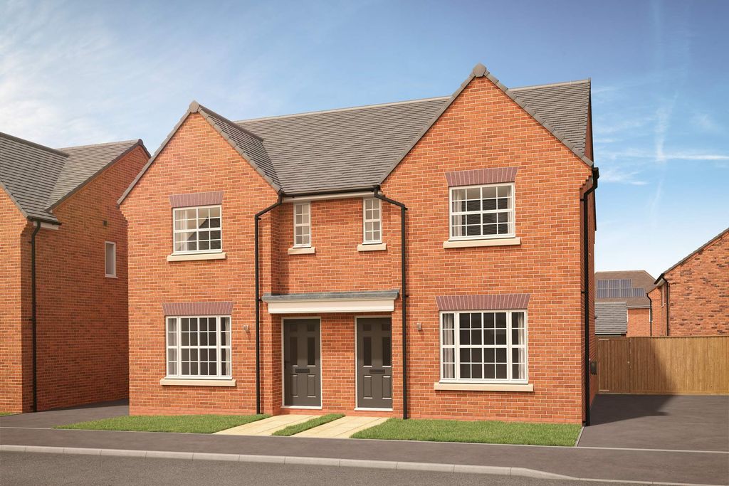 Property photo 1 of 9 A Pair Of Modern Brick Semi-Detached Houses With Grey Doors And White-Framed Windows Stand On A Pave