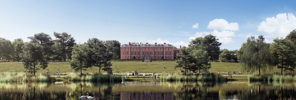 Property photo 1 of 4 Red-Brick Mansion In Background On Open Estate, Water Feature In The Foreground