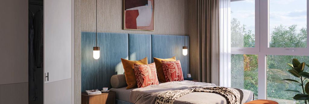 Property photo 3 of 5 Double Bed With Modern Design, Blue Headboard And Wide Windows For Ample Natural Lighting.
