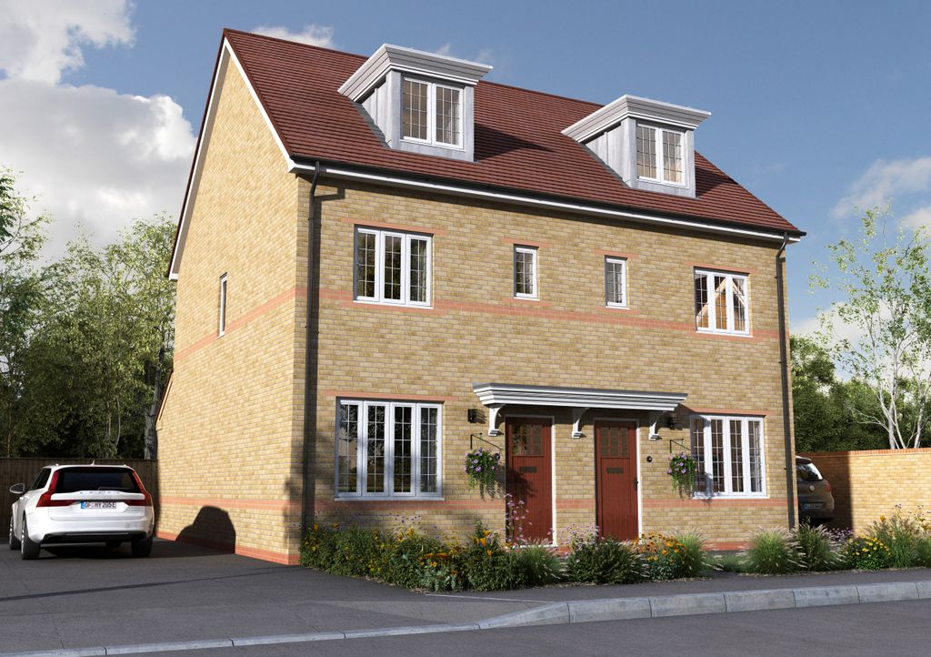 Property photo 1 of 10 A Modern Beige Brick Semi-Detached House With Red Doors And Dormer Windows Stands In The Foreground