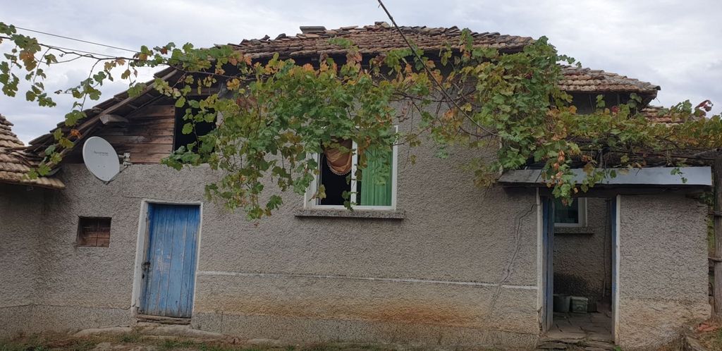 Property photo 1 of 56 Facade Of A Rural Bulgarian House Showing A Blue Wooden Door, Window With Curtains, And Tiled Roof With Grapevine Overhead
