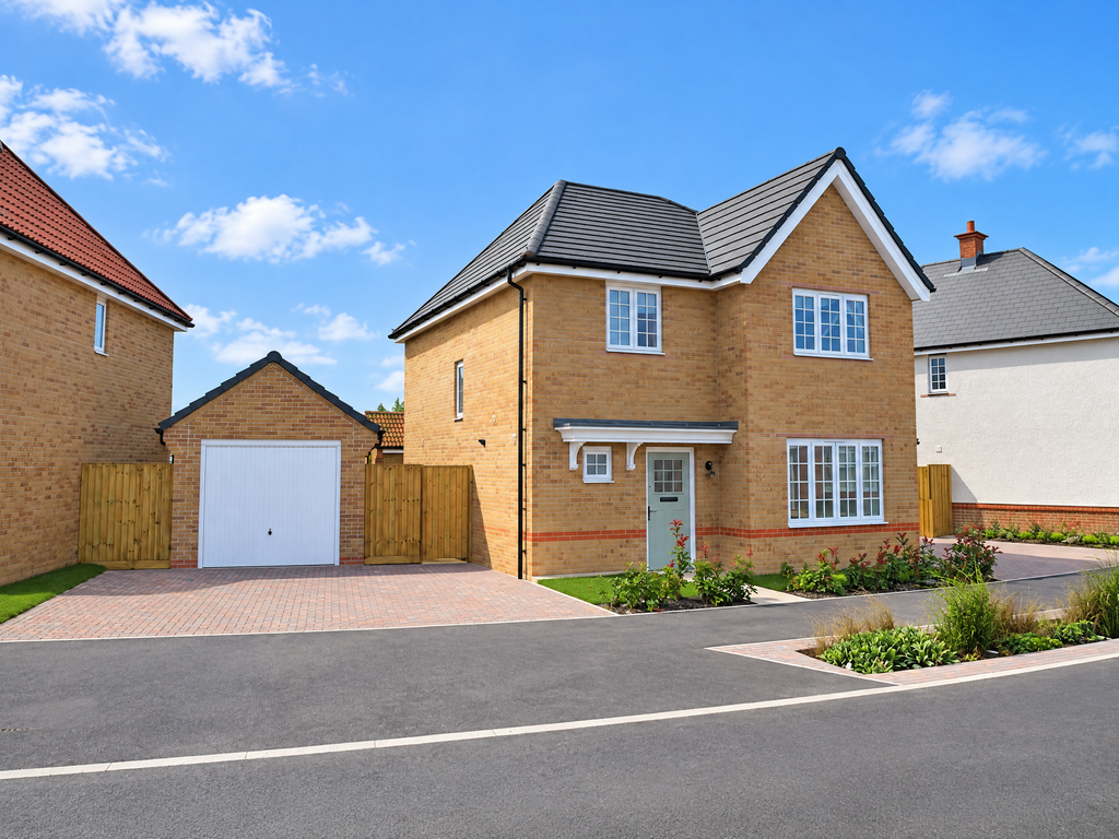 Property photo 1 of 10 A Modern Two-Story Brick House With A Detached Garage And Paved Driveway Sits Under A Bright Blue Sk