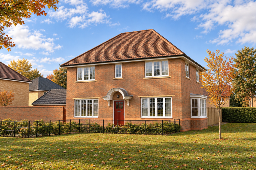 Property photo 1 of 10 A Two-Story Red Brick House With A Brown Tiled Roof Stands Behind A Low Black Fence And Green Lawn