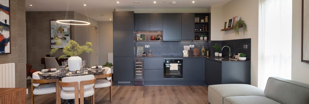 Property photo 1 of 5 Living Space And Dining Table With Halo Light Above In Foreground, Kitchen (Navy Blue Design) With