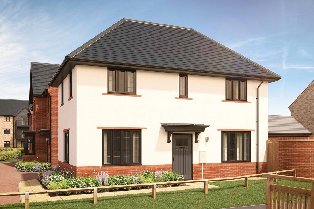 Property photo 1 of 10 A White Two-Story House With A Dark Tiled Roof And Brick Accents Stands Behind A Small Garden With F