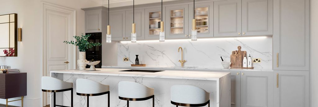 Property photo 2 of 4 Kitchen Breakfast Counter, Off-White Cabinets, Hanging Lights, Marble-White Splashblacks