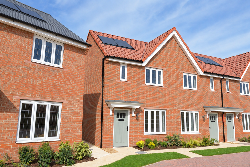Property photo 1 of 8 Modern Red-Brick Houses With White-Framed Windows And Solar Panels Stand Behind A Manicured Green La
