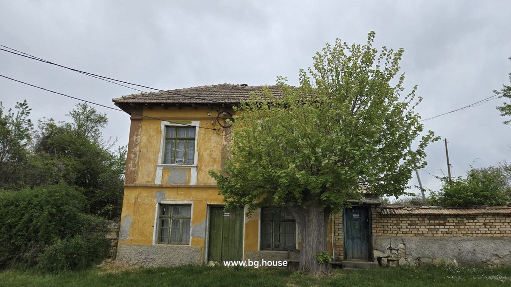 Property photo 3 of 31 Side View Of A Two-Storey Yellow House With Green Doors And Windows, A Large Tree In Front, And A Brick Wall On The Side