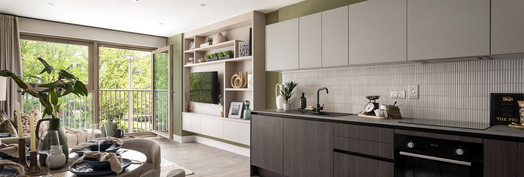 Property photo 1 of 5 Kitchen With Dining Table In Foreground, Decorated In Dark Tones, Living Space And Balcony Doors In