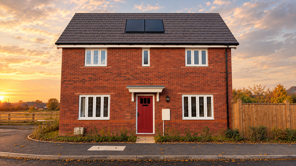 Property photo 1 of 7 A Two-Story Red Brick House With A Red Front Door Stands Before A Soft Sunset Sky With Scattered Clo