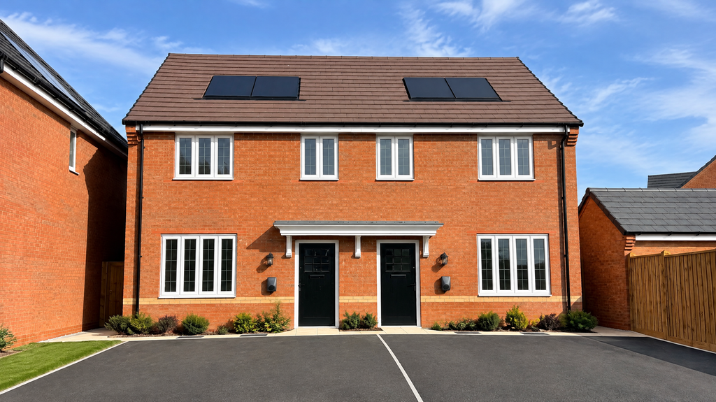 Property photo 1 of 8 A Two-Story Red Brick Semi-Detached House With Black Doors And Solar Panels Sits Behind A Paved Driv
