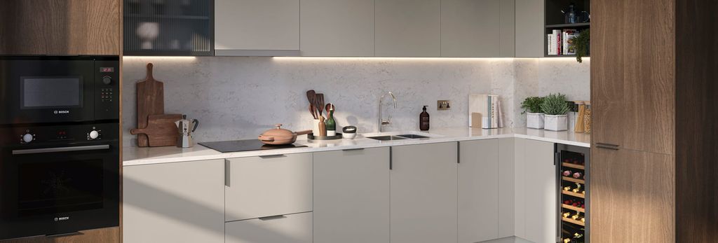 Property photo 3 of 5 Kitchen, Wood Texture Brown And Cream-White Cupboard Panels And White Countertops, Modern