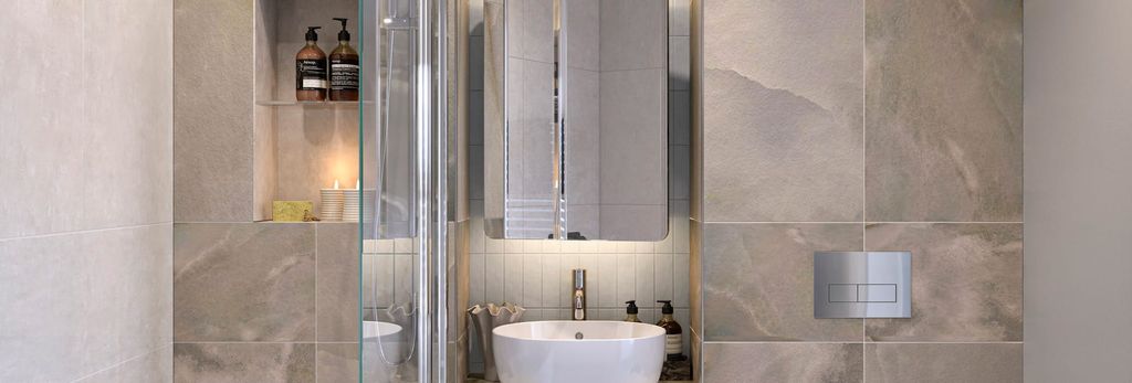 Property photo 1 of 5 Bathroom With Shower Over Bath, Wash Basin With Cabinet Mirror And Shelving.