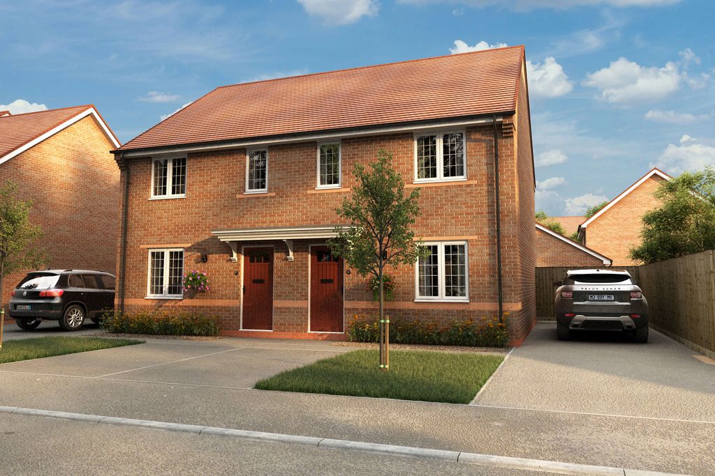 Property photo 1 of 6 Two Modern Brick Semi-Detached Houses With Cars Parked In Their Driveways Are Set Against A Backdrop