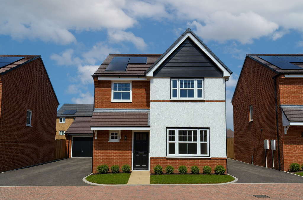 Property photo 2 of 11 A Modern Two-Story House With White And Brick Facade And Solar Panels On The Roof Stands On A Paved