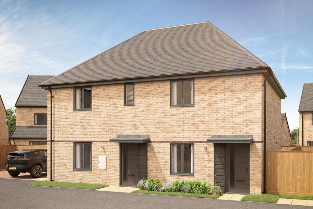 Property photo 1 of 7 A Modern Brick Semi-Detached House With A Car Parked In The Driveway Sits Under A Clear Blue Sky.