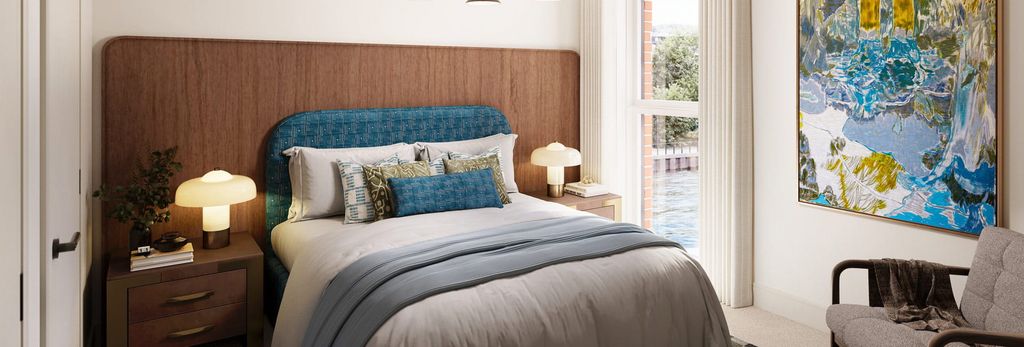 Property photo 3 of 4 CGI Of Double Bed, Bedside Tables And Wall Hanging, Armchair And Window Overlooking Body Of Water