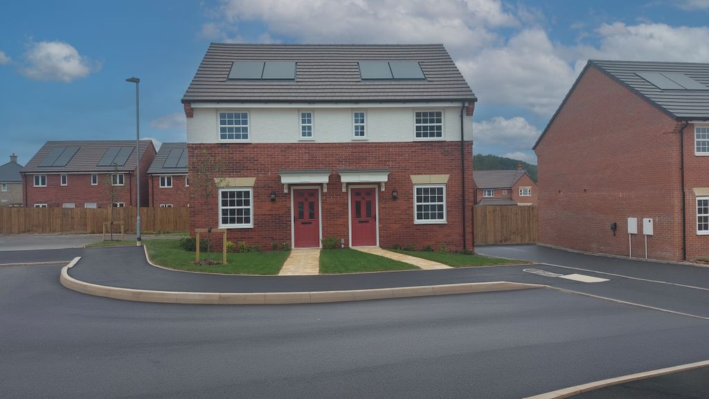 Property photo 1 of 6 A Newly Built Semi-Detached House With Red Doors And White Windows Stands On A Paved Road In The For