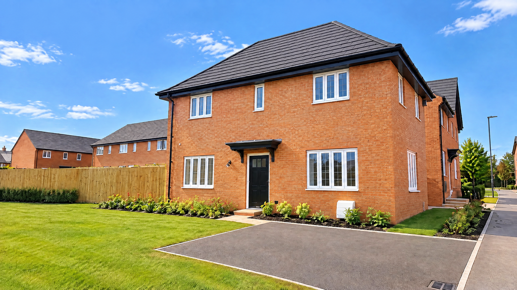 Property photo 1 of 10 A Two-Story Red Brick House With A Black Roof Stands Behind A Paved Driveway And Green Lawn