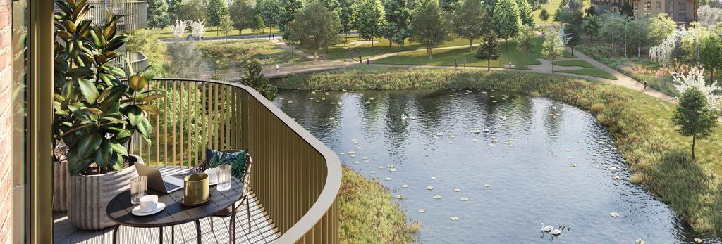 Property photo 1 of 5 CGI Of Exterior Water Body (Lake Or Pond) Amongst Landscaped Green Area From Balcony View Above.